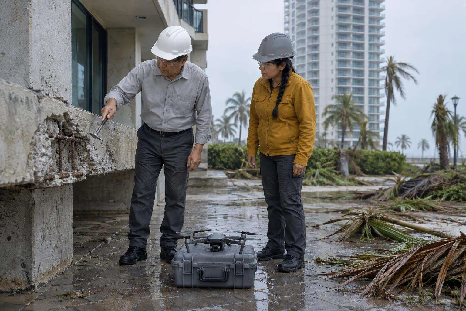Engineer taps a spalled concrete slab edge with a hammer as a drone pilot watches, a landed drone on a case beside them.