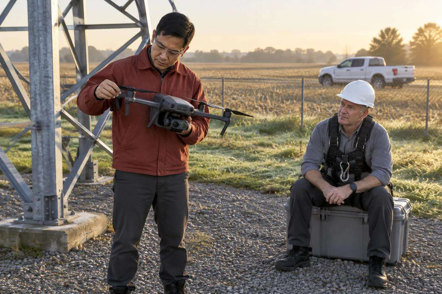 A pilot checks a propeller on a landed thermal inspection drone at a tower base while a climber waits calmly nearby.