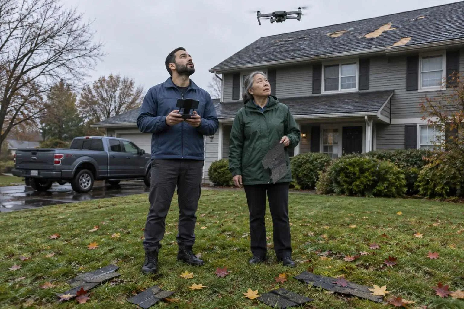 A drone pilot and a homeowner on a wet lawn look up at a hovering drone beside a roof, a torn shingle tab in her hand.