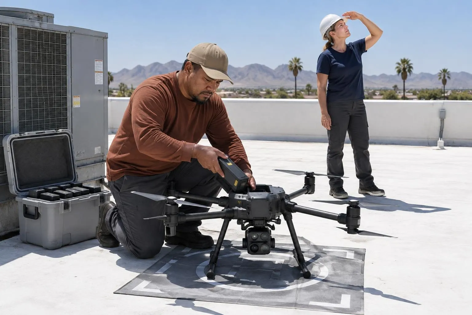 Drone pilot kneeling on a white Phoenix commercial roof swaps a battery in a landed drone while an observer watches the sky.