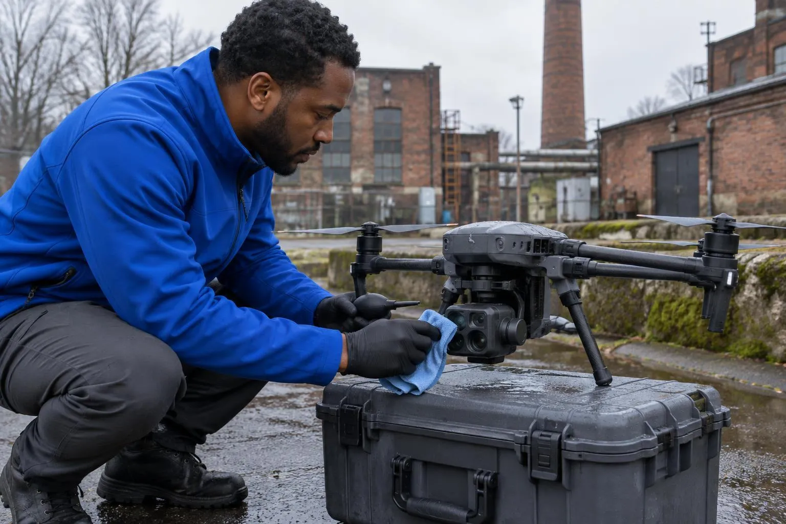 A pilot kneels beside a landed inspection drone, carefully wiping its camera lens with a cloth on a damp, grey winter morning.