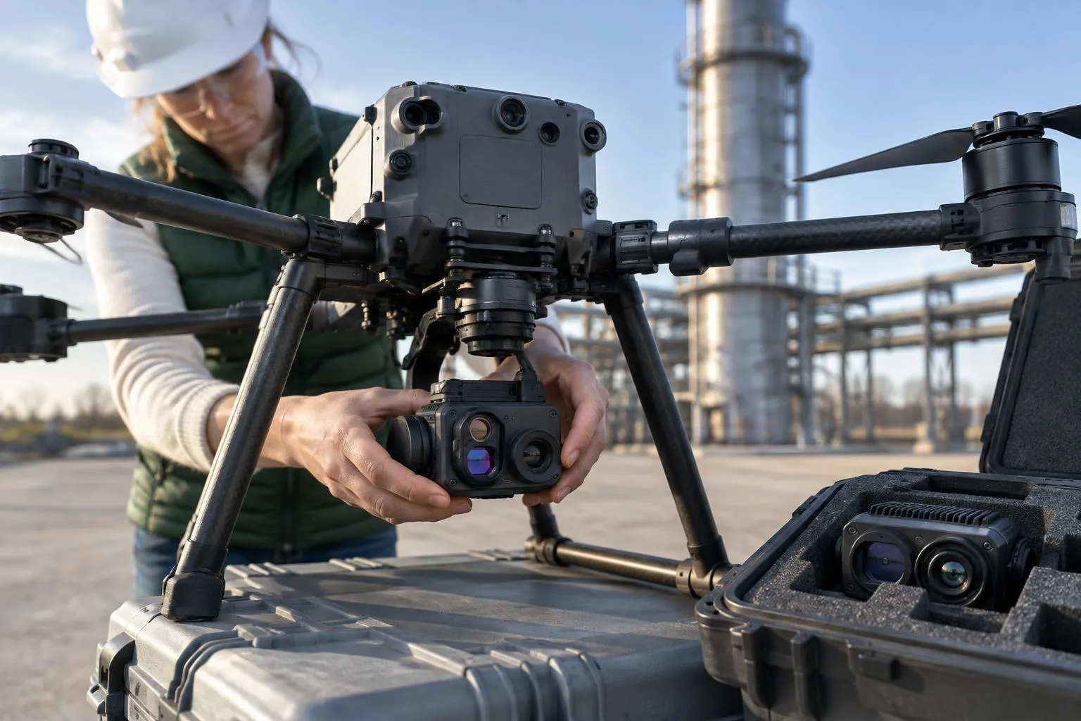 Pilot's hands seat a thermal camera module into the gimbal of a landed inspection drone beside a tall steel boiler stack.
