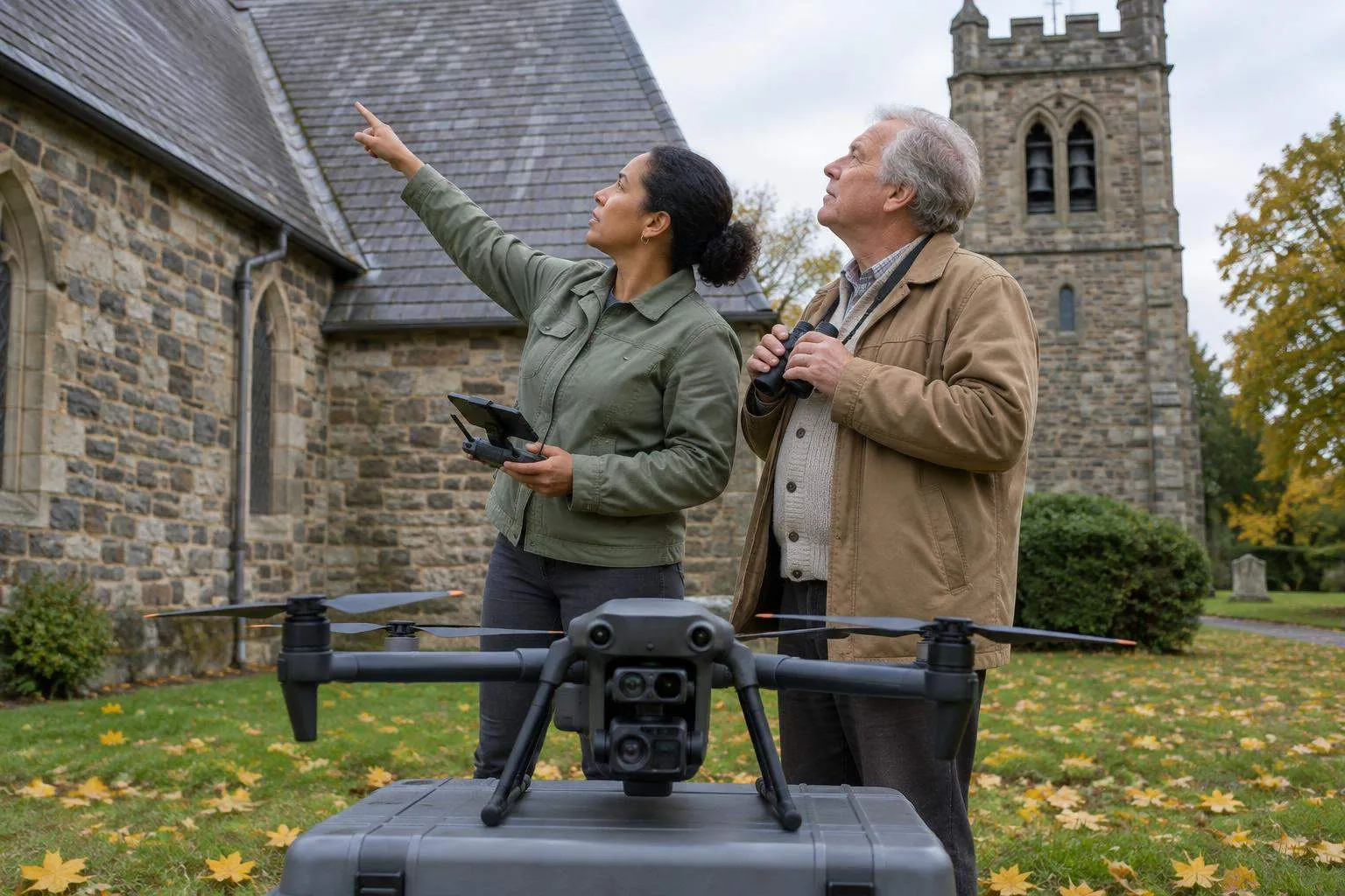 A drone pilot points toward a slate church roof valley while a client raises binoculars, a landed inspection drone on a case between them.